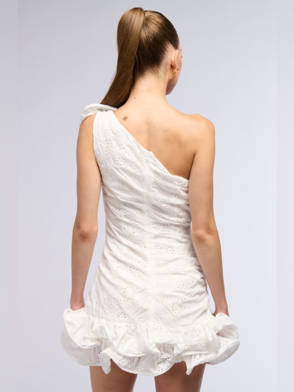 AKIRA White One-Shoulder Ruffle Eyelet Mini Dress - Picture 7 of 8